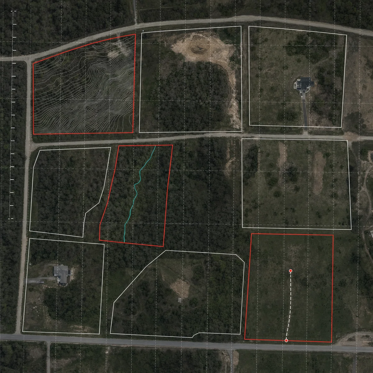 Top-down aerial view of a grid of nine separate customer lots, six outlined in white and three in red: one covered in tight slope contour lines, one crossed by a stream, and one with a dashed utility line running in from the road.