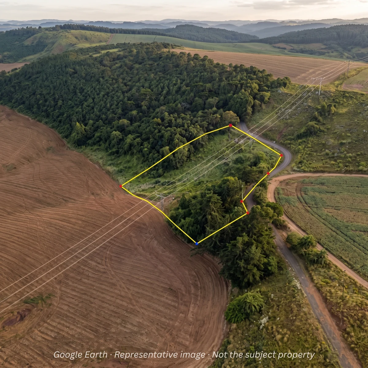 Aerial view of a rural parcel outlined in yellow, with high-voltage power lines running across it between a forest and a plowed field