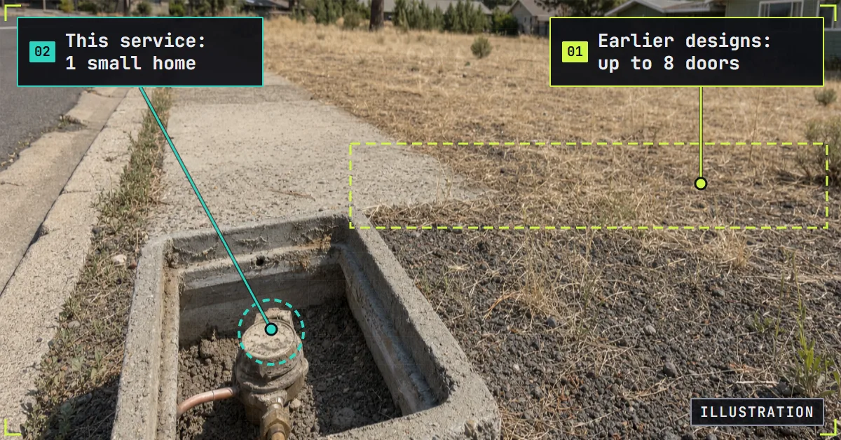 Illustration: empty lot with earlier designs for up to 8 doors; its water meter serves 1 small home