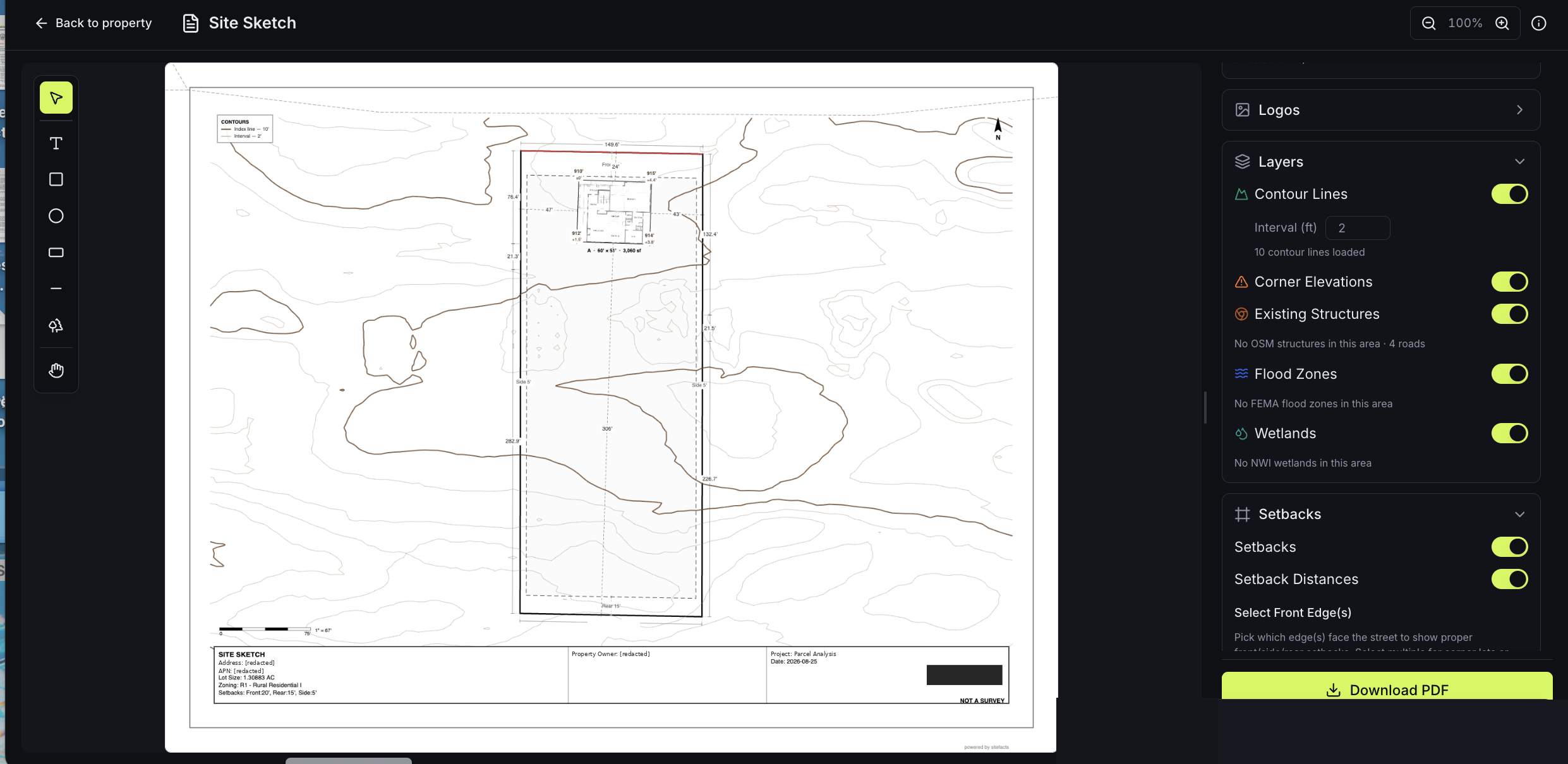 The SiteFacts Site Sketch editor showing a scaled site plan with dimensioned setbacks, two-foot contours, corner elevations, a title block, and a Download PDF button
