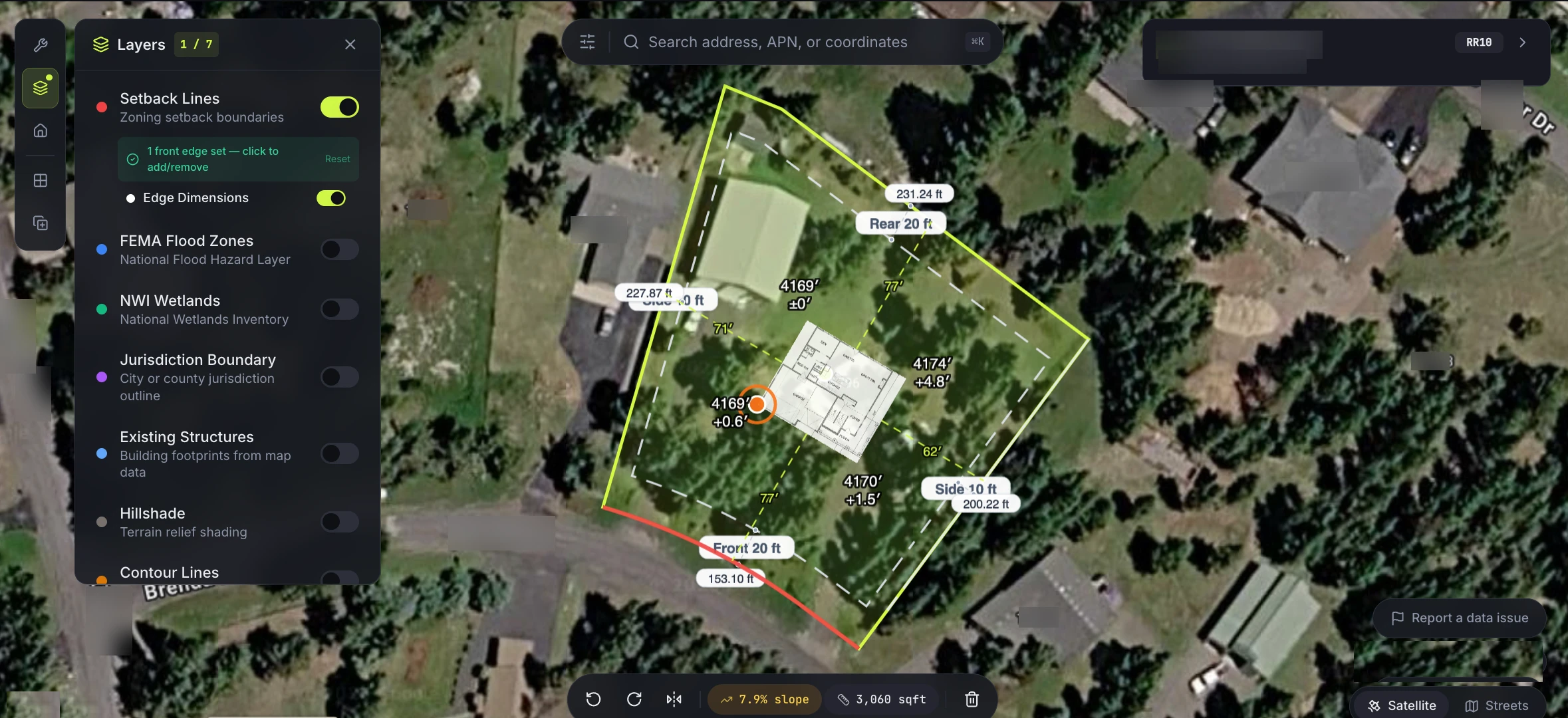 Site Sketch showing a scaled floor plan placed on a parcel with validated setbacks, edge dimensions, slope, and square footage