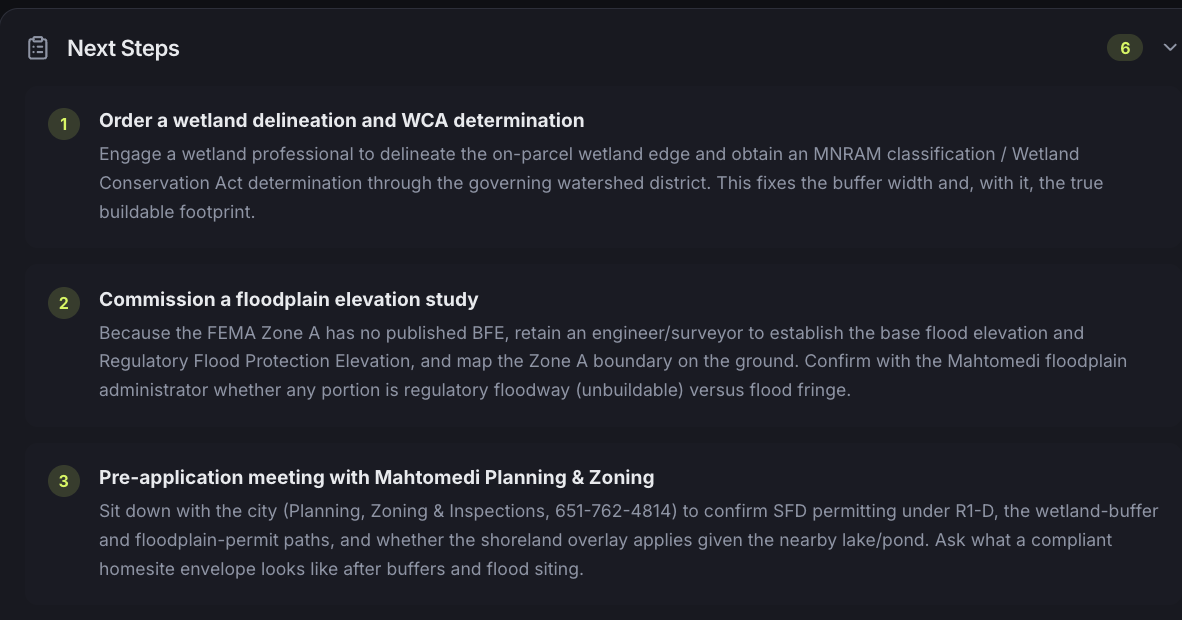 SiteFacts Next Steps panel listing wetland delineation, floodplain elevation study, and a pre-application meeting as ordered actions