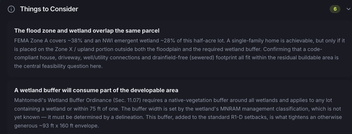 SiteFacts analysis explaining how the flood zone, wetland, and city buffer ordinance overlap to shrink a lot's buildable area
