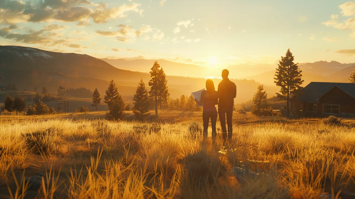 Couple standing on open land at sunset reviewing plans