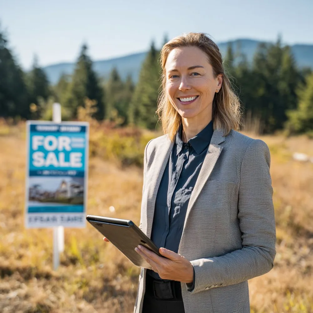 Realtor with a tablet standing beside a for-sale sign on rural land